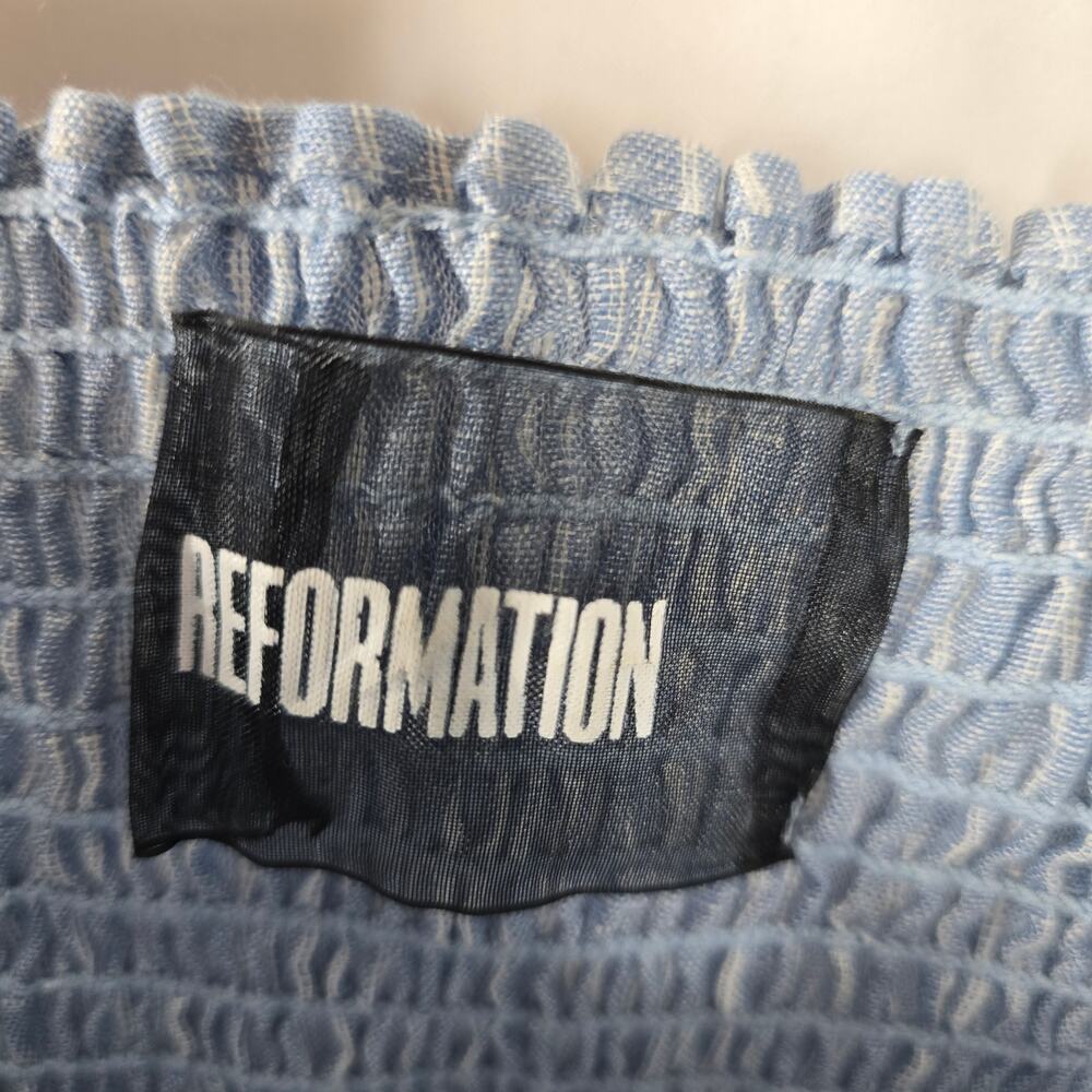 Reformation Maple Linen Blue Smocked Peasant Puff Sleeve Crop Blouse Size Large - Picture 3 of 8